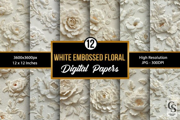Download White Embossed Flowers Digital Paper - Digital Collection