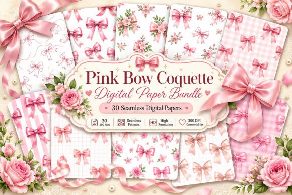 Download Pink Bow Coquette Digital Paper Bundle - Digital Collection