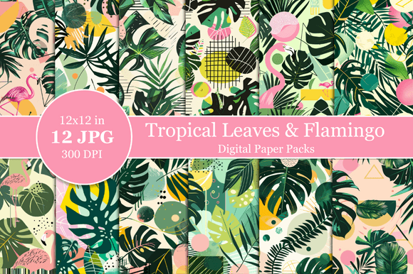 Download Tropical Leaves &amp; Flamingo Digital Paper - Digital Collection