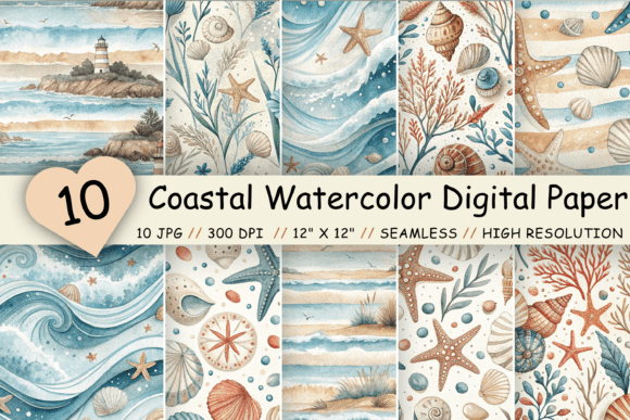 Download Coastal Watercolor Digital Paper Pack - Digital Collection