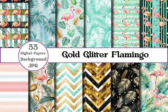 Download Gold Glitter Flamingo Digital Paper - Digital Collection