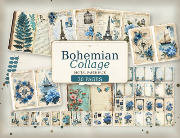 Download Vintage Blue Floral Journal Digital Pape - Digital Collection